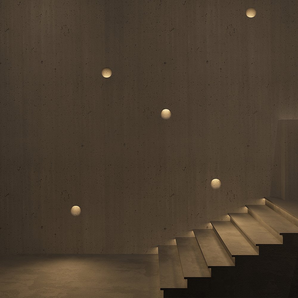 Trimless gypsum LED step lights installed on interior staircase wall creating soft ambient and safety lighting